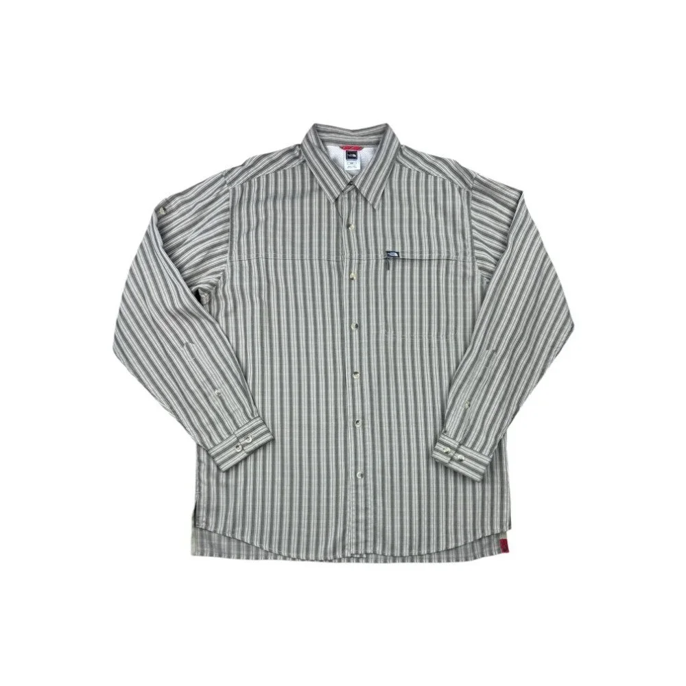 The North Face Men's Large Striped Roll-Tab Long Sleeve Shirt Zipper Pocket Hike